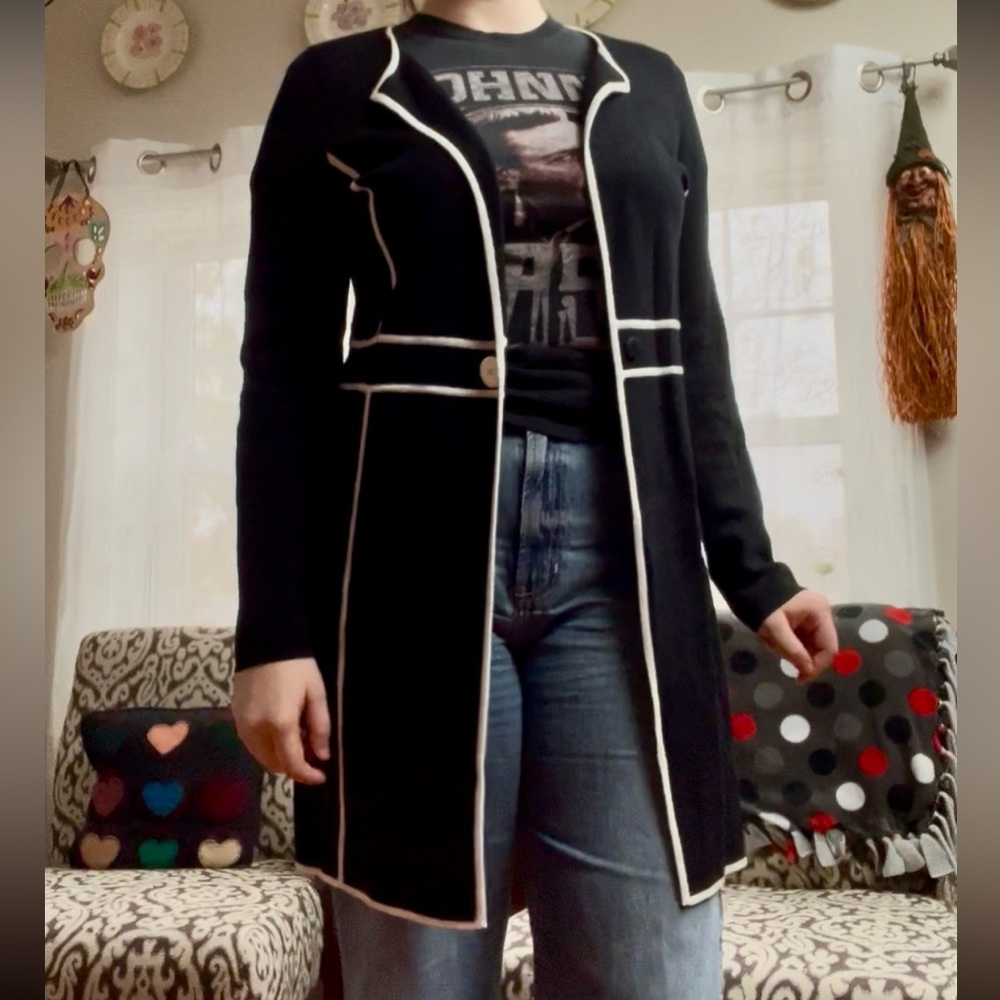 Black cardigan with white pop art details